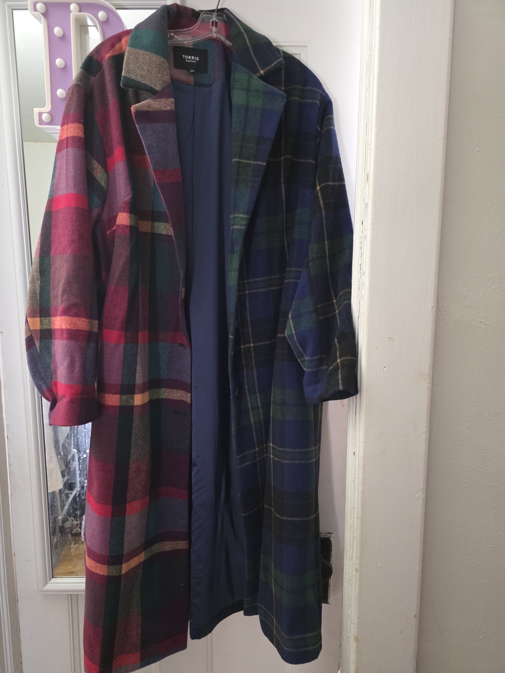 torrid Two-Tone Plaid Long Wool-Blend Coat in Red and Navy